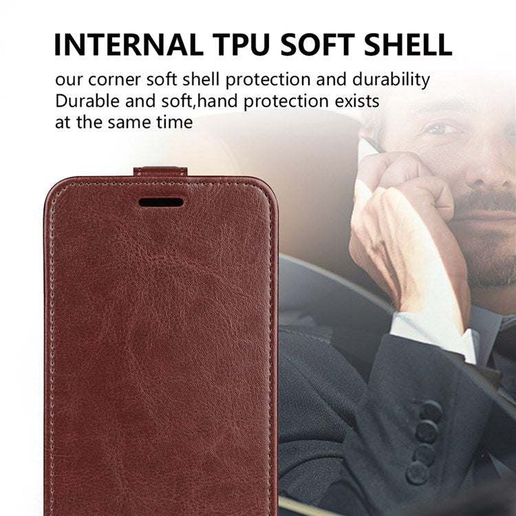 For Honor 70 5G Vertical Flip Phone Case Crazy Horse Texture PU Leather Protective Cover with Card Slot - Brown