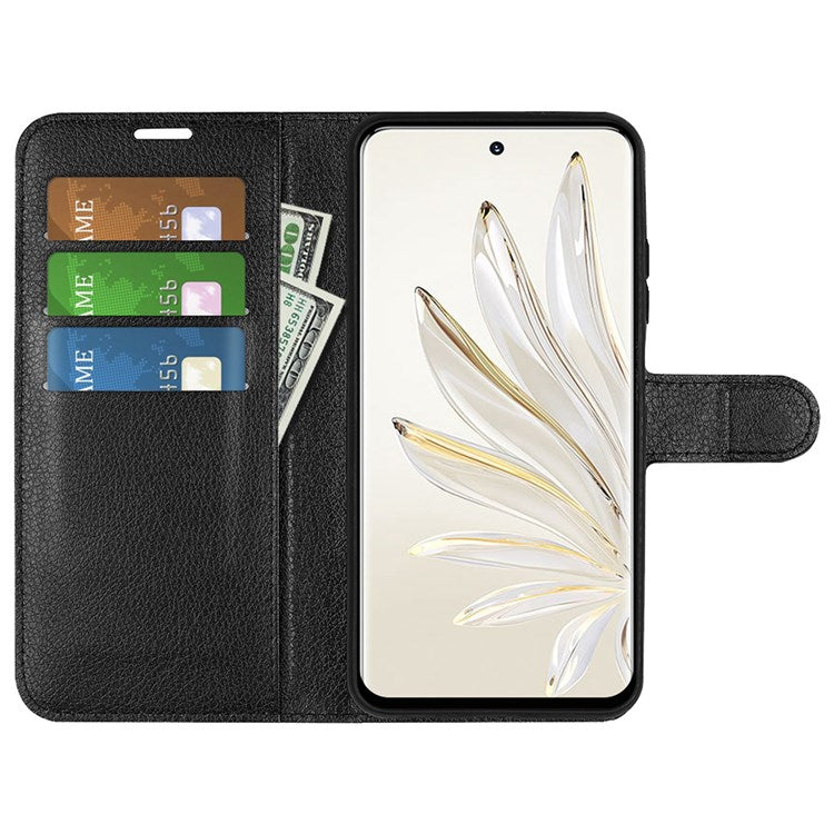 For Honor 70 5G Litchi Texture Wallet Case PU Leather Stand Shockproof TPU Inner Shell Flip Folio Cover - Black