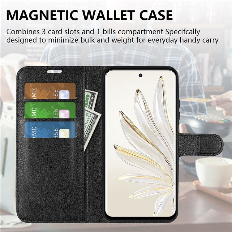 For Honor 70 5G Litchi Texture Wallet Case PU Leather Stand Shockproof TPU Inner Shell Flip Folio Cover - Black