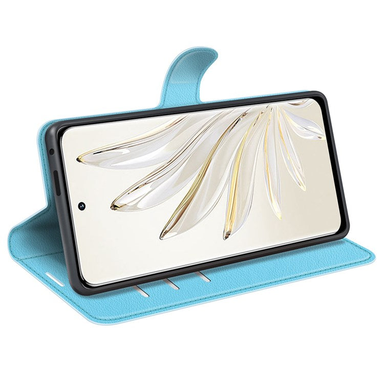 For Honor 70 5G Litchi Texture Wallet Case PU Leather Stand Shockproof TPU Inner Shell Flip Folio Cover - Blue