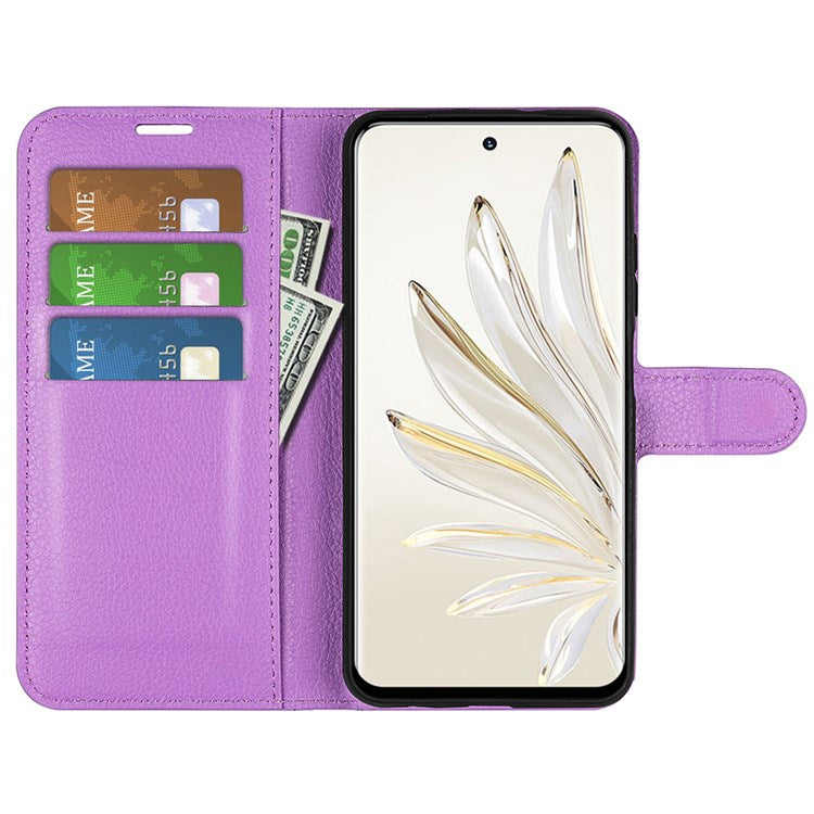 For Honor 70 5G Litchi Texture Wallet Case PU Leather Stand Shockproof TPU Inner Shell Flip Folio Cover - Purple