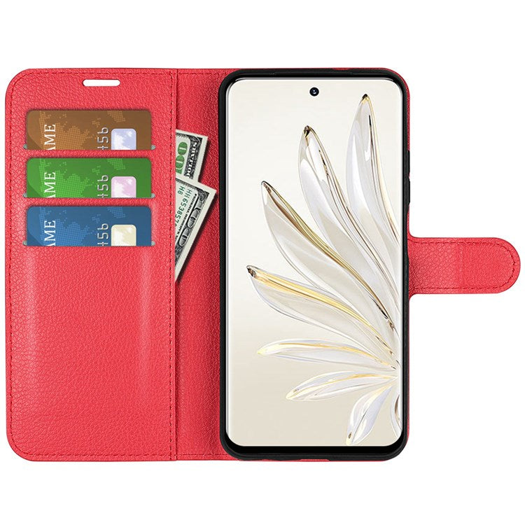 For Honor 70 5G Litchi Texture Wallet Case PU Leather Stand Shockproof TPU Inner Shell Flip Folio Cover - Red