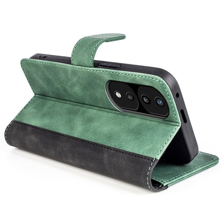 For Honor 70 Pro 5G Color Splicing Wallet Case PU Leather Magnetic Protect Flip Stand Phone Cover - Green