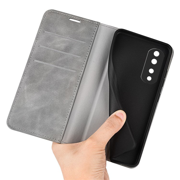 For Honor 70 Pro 5G PU Leather Wallet Case Flip Folio Stand Magnetic Absorption Protect Skin-touch Feeling Full Protection Cover - Grey