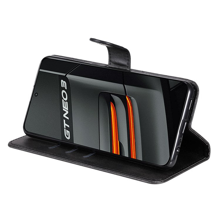 For Realme GT Neo3 5G Shockproof Wallet Phone Case PU Leather Zipper Pocket Flip Stand Design Magnetic Closure Cover - Black