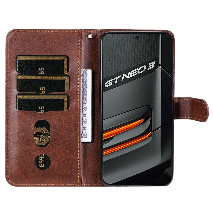 For Realme GT Neo3 5G Shockproof Wallet Phone Case PU Leather Zipper Pocket Flip Stand Design Magnetic Closure Cover - Brown