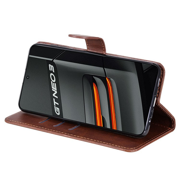 For Realme GT Neo3 5G Shockproof Wallet Phone Case PU Leather Zipper Pocket Flip Stand Design Magnetic Closure Cover - Brown