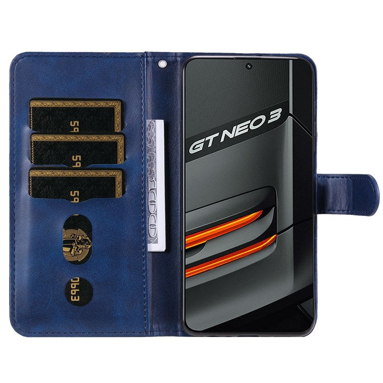 For Realme GT Neo3 5G Shockproof Wallet Phone Case PU Leather Zipper Pocket Flip Stand Design Magnetic Closure Cover - Blue