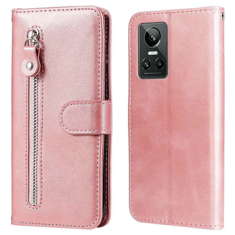 For Realme GT Neo3 5G Shockproof Wallet Phone Case PU Leather Zipper Pocket Flip Stand Design Magnetic Closure Cover - Rose Gold
