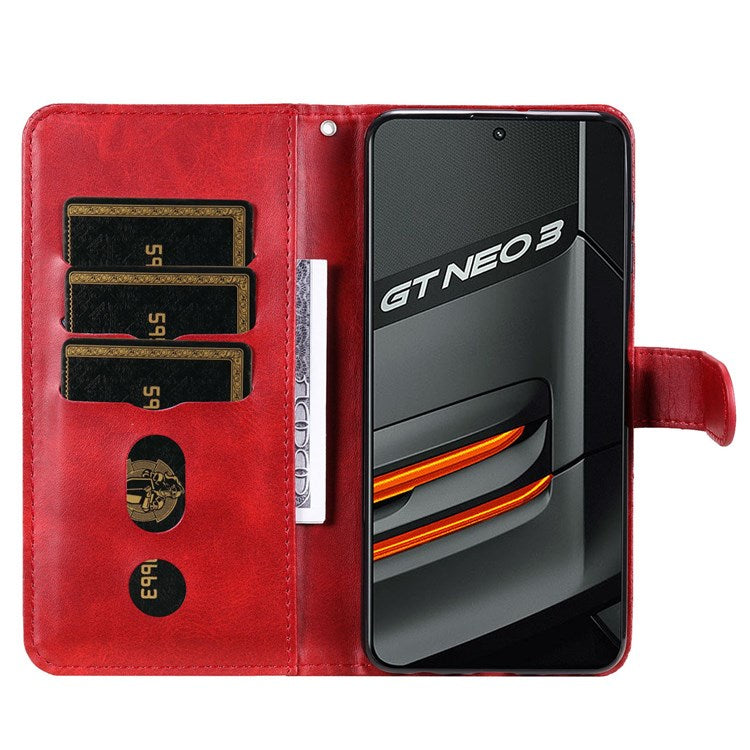 For Realme GT Neo3 5G Shockproof Wallet Phone Case PU Leather Zipper Pocket Flip Stand Design Magnetic Closure Cover - Red