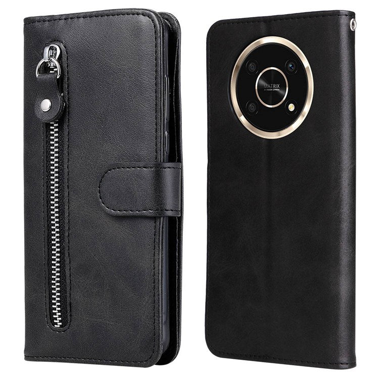 For Honor X9 4G/5G/X30/Magic4 Lite 5G/4G Outer Zipper Pocket PU Leather Wallet Cover Scratch-resistant Cell Phone Stand Protective Case - Black