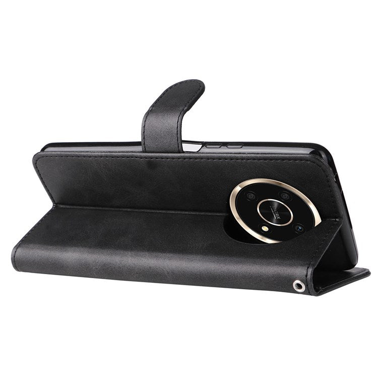 For Honor X9 4G/5G/X30/Magic4 Lite 5G/4G Outer Zipper Pocket PU Leather Wallet Cover Scratch-resistant Cell Phone Stand Protective Case - Black