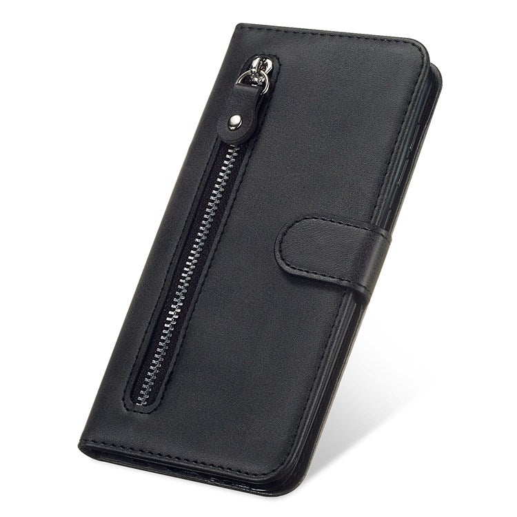 For Honor X9 4G/5G/X30/Magic4 Lite 5G/4G Outer Zipper Pocket PU Leather Wallet Cover Scratch-resistant Cell Phone Stand Protective Case - Black