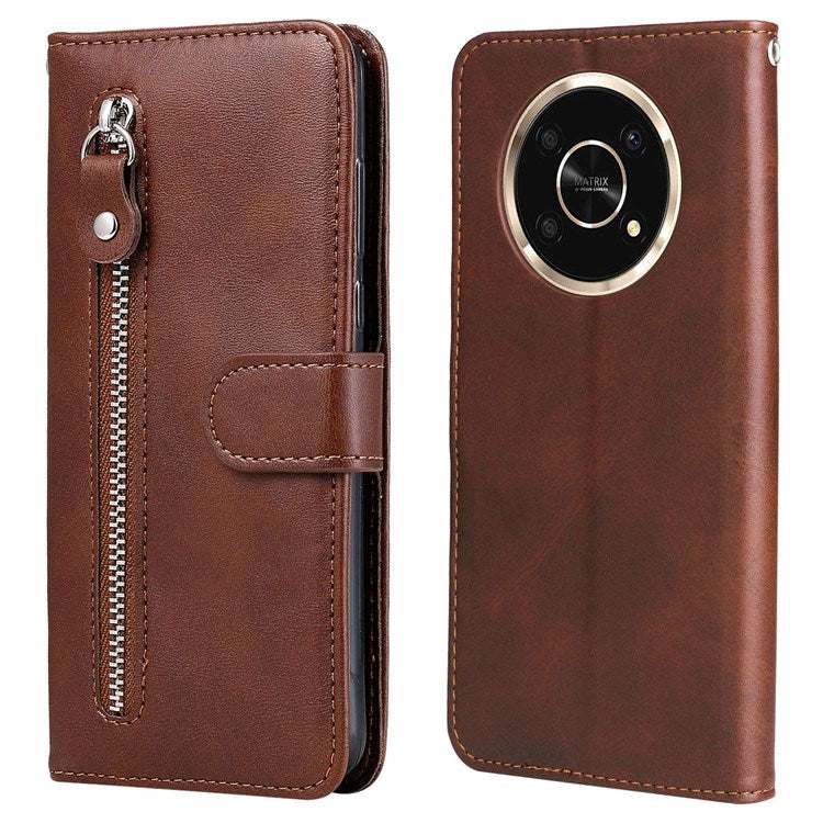 For Honor X9 4G/5G/X30/Magic4 Lite 5G/4G Outer Zipper Pocket PU Leather Wallet Cover Scratch-resistant Cell Phone Stand Protective Case - Brown