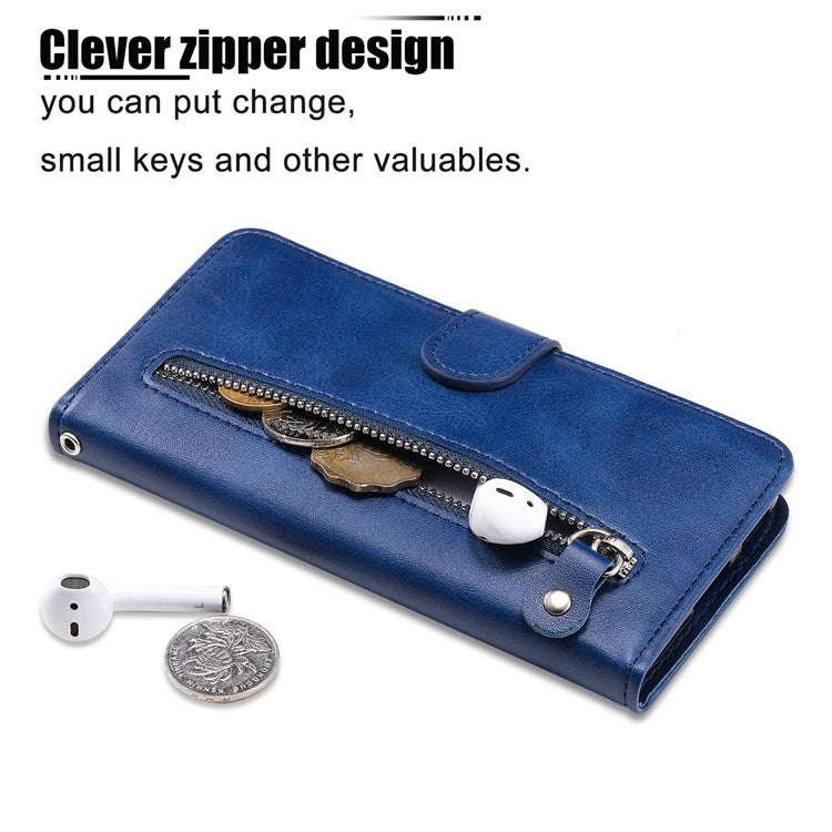 For Honor X9 4G/5G/X30/Magic4 Lite 5G/4G Outer Zipper Pocket PU Leather Wallet Cover Scratch-resistant Cell Phone Stand Protective Case - Blue