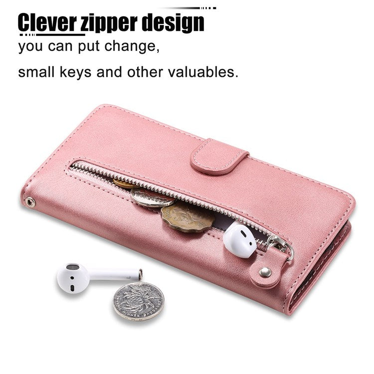 For Honor X9 4G/5G/X30/Magic4 Lite 5G/4G Outer Zipper Pocket PU Leather Wallet Cover Scratch-resistant Cell Phone Stand Protective Case - Rose Gold