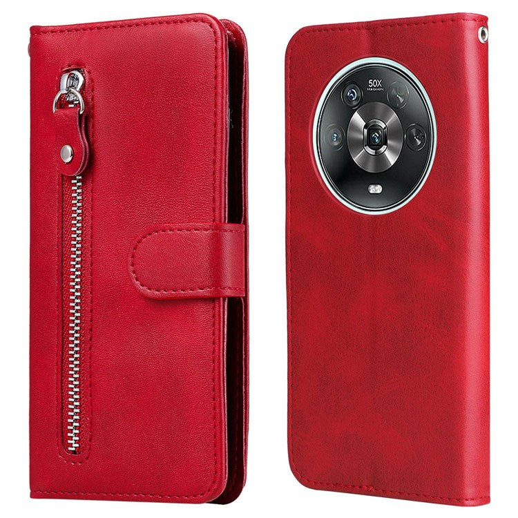 For Honor X9 4G/5G/X30/Magic4 Lite 5G/4G Outer Zipper Pocket PU Leather Wallet Cover Scratch-resistant Cell Phone Stand Protective Case - Red