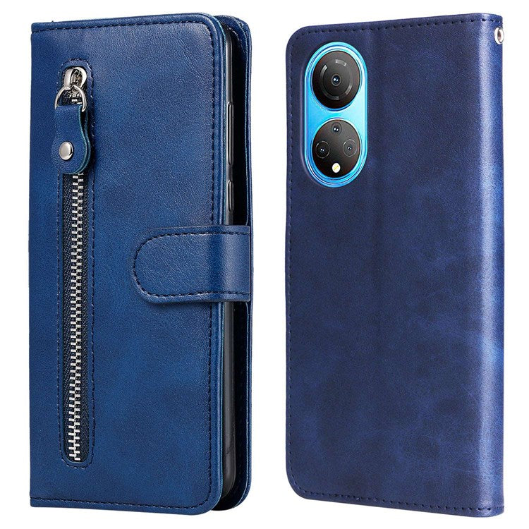 For Honor X7/Play 30 Plus 5G Wallet Phone Case PU Leather Zipper Pocket Flip Stand Design Magnetic Closure Cover - Blue