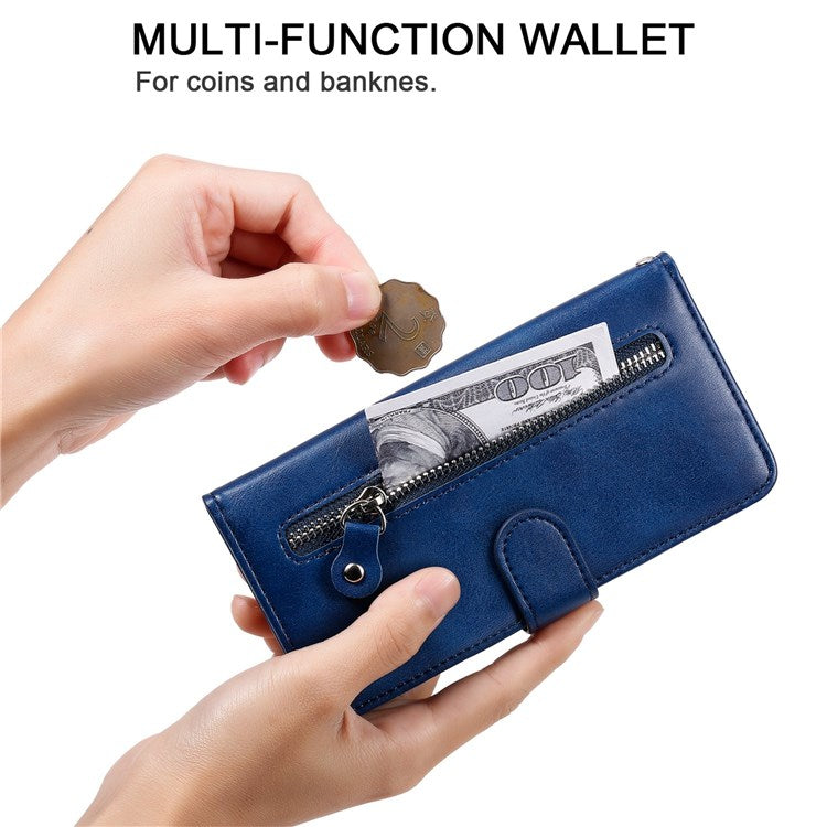 For Honor X7/Play 30 Plus 5G Wallet Phone Case PU Leather Zipper Pocket Flip Stand Design Magnetic Closure Cover - Blue