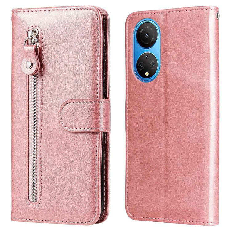 For Honor X7/Play 30 Plus 5G Wallet Phone Case PU Leather Zipper Pocket Flip Stand Design Magnetic Closure Cover - Rose Gold