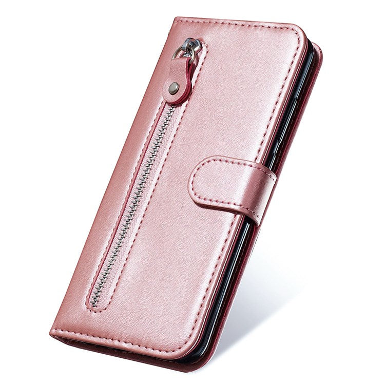 For Honor X7/Play 30 Plus 5G Wallet Phone Case PU Leather Zipper Pocket Flip Stand Design Magnetic Closure Cover - Rose Gold