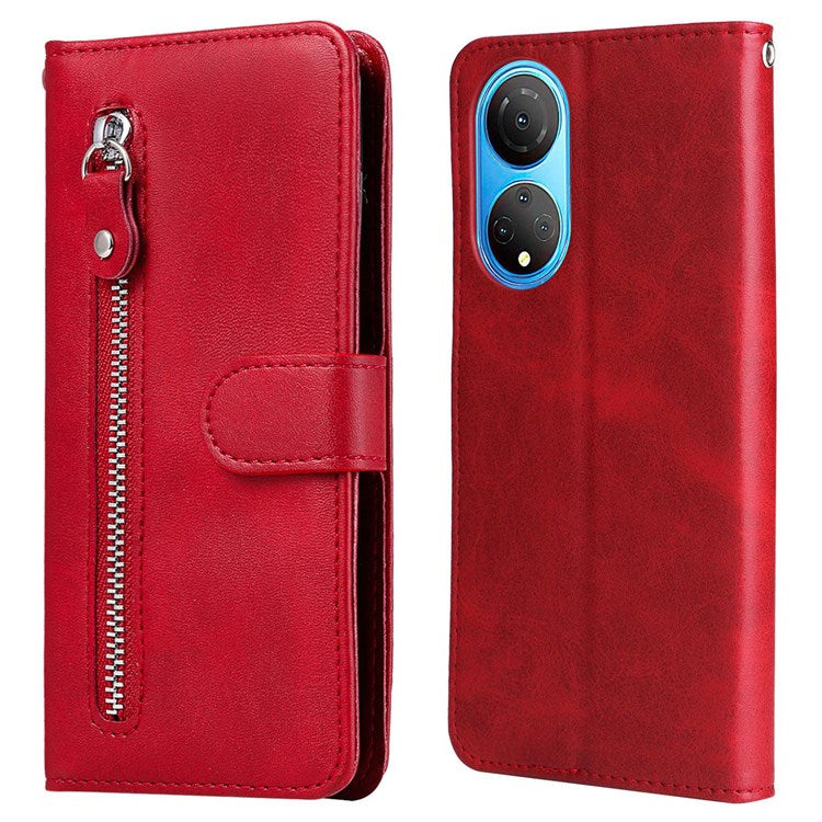 For Honor X7/Play 30 Plus 5G Wallet Phone Case PU Leather Zipper Pocket Flip Stand Design Magnetic Closure Cover - Red