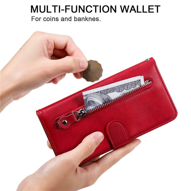 For Honor X7/Play 30 Plus 5G Wallet Phone Case PU Leather Zipper Pocket Flip Stand Design Magnetic Closure Cover - Red