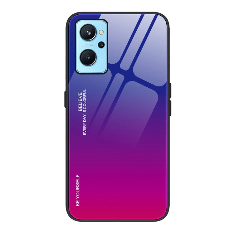 For Realme 9i/Oppo A76/A36 Tempered Glass + PC + TPU Phone Shell Gradient Color Design Drop-proof Fashionable Case - Blue/Rose Red