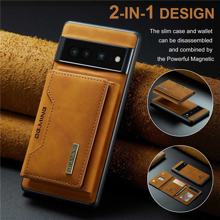 DG.MING M2 Series Magnetic Wallet Phone Case for Google Pixel 7 Pro 5G, Detachable 2-in-1 Kickstand Drop-proof Cover - Brown