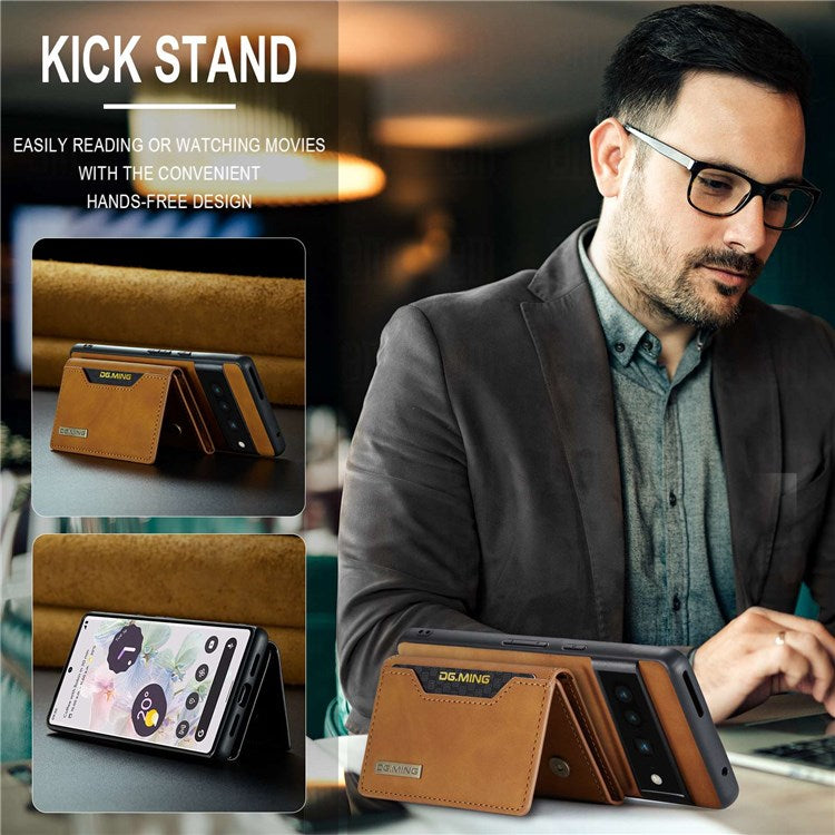 DG.MING M2 Series Magnetic Wallet Phone Case for Google Pixel 7 Pro 5G, Detachable 2-in-1 Kickstand Drop-proof Cover - Brown