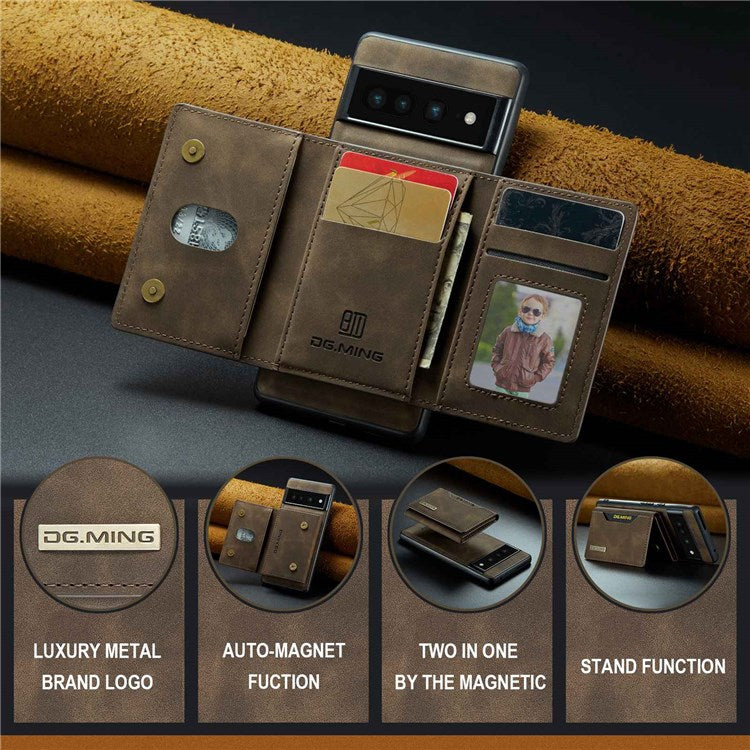 DG.MING M2 Series Magnetic Wallet Phone Case for Google Pixel 7 Pro 5G, Detachable 2-in-1 Kickstand Drop-proof Cover - Coffee