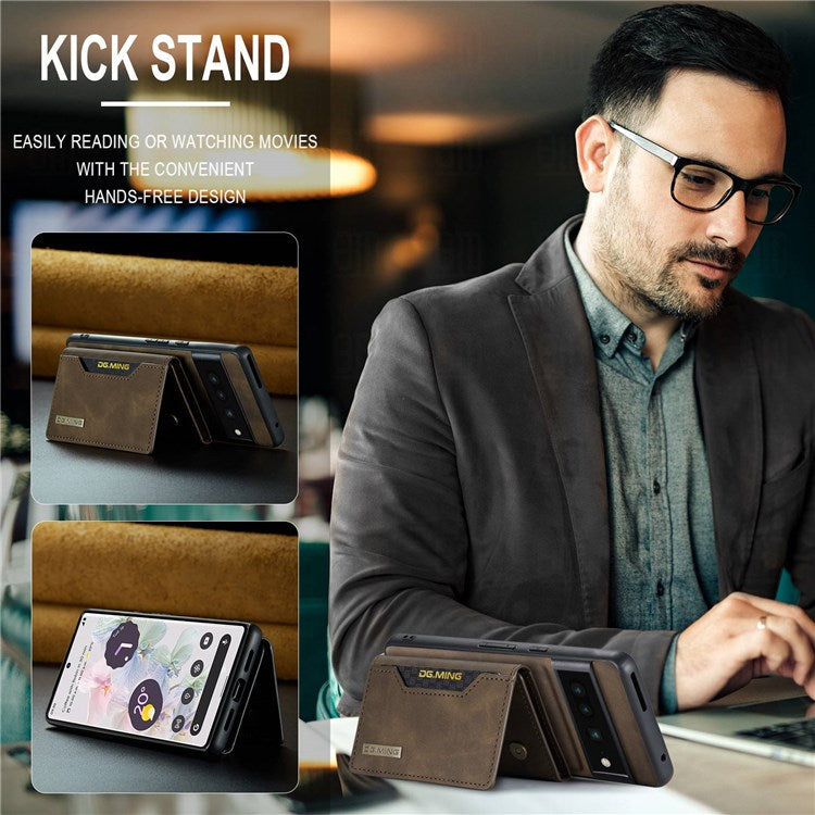 DG.MING M2 Series Magnetic Wallet Phone Case for Google Pixel 7 Pro 5G, Detachable 2-in-1 Kickstand Drop-proof Cover - Coffee