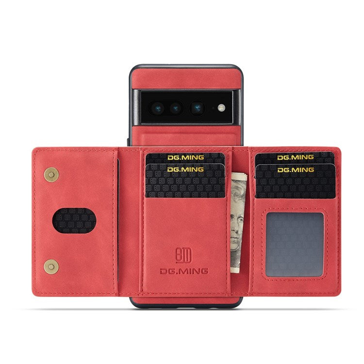 DG.MING M2 Series Magnetic Wallet Phone Case for Google Pixel 7 Pro 5G, Detachable 2-in-1 Kickstand Drop-proof Cover - Red