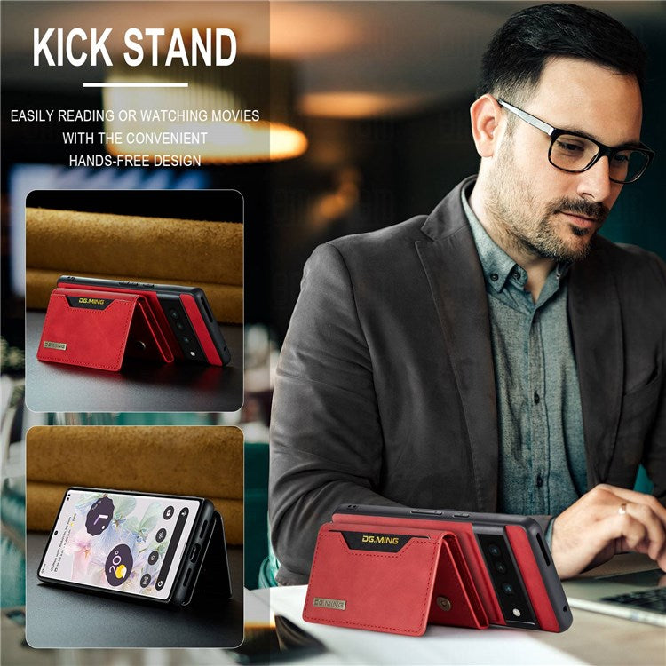 DG.MING M2 Series Magnetic Wallet Phone Case for Google Pixel 7 Pro 5G, Detachable 2-in-1 Kickstand Drop-proof Cover - Red