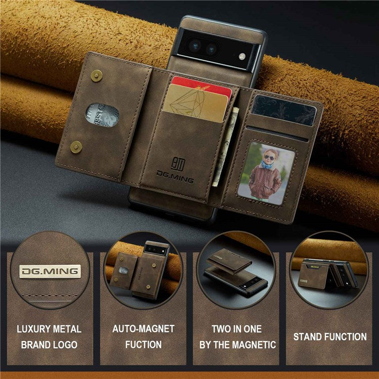 DG.MING M2 Series for Google Pixel 6a Detachable 2-in-1 Magnetic Wallet Phone Case Anti-scratch Kickstand Cover - Coffee