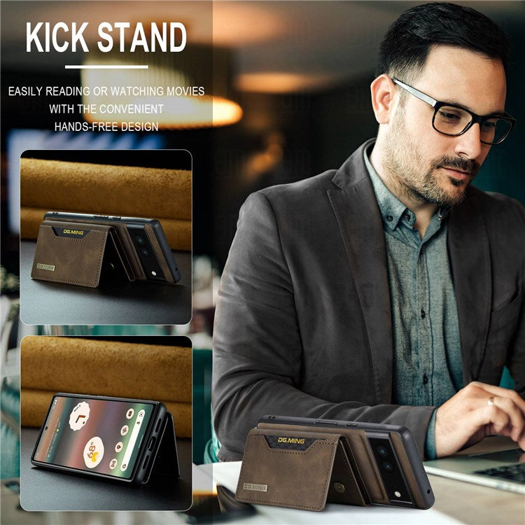 DG.MING M2 Series for Google Pixel 6a Detachable 2-in-1 Magnetic Wallet Phone Case Anti-scratch Kickstand Cover - Coffee