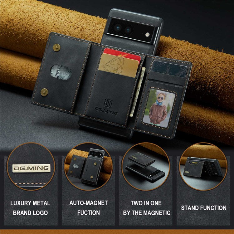 DG.MING M2 Series for Google Pixel 6a Detachable 2-in-1 Magnetic Wallet Phone Case Anti-scratch Kickstand Cover - Black