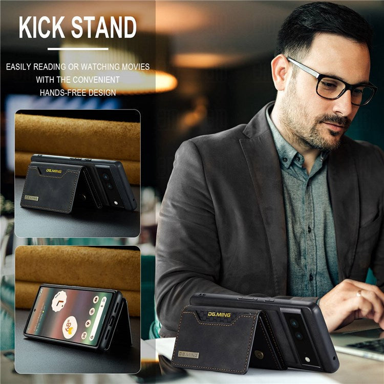 DG.MING M2 Series for Google Pixel 6a Detachable 2-in-1 Magnetic Wallet Phone Case Anti-scratch Kickstand Cover - Black