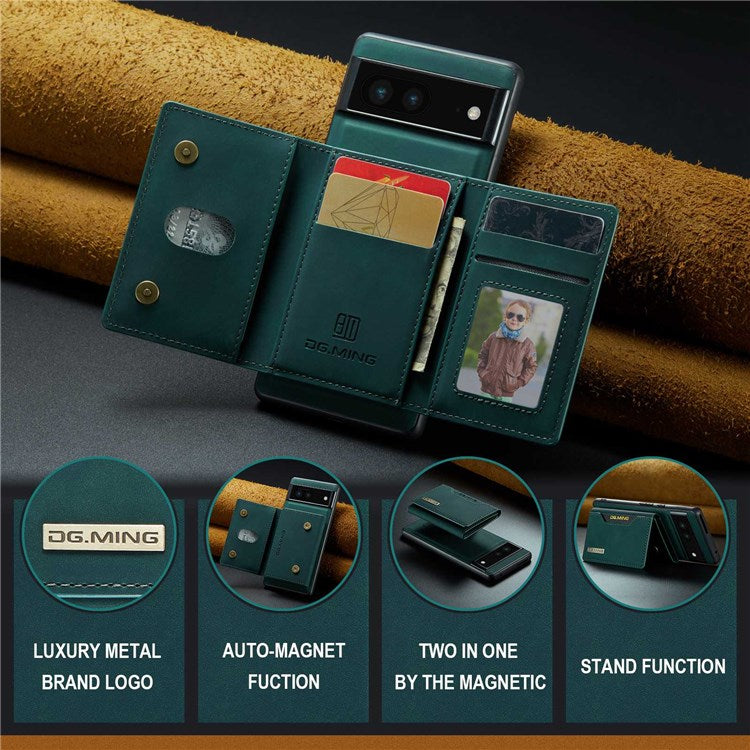 DG.MING M2 Series for Google Pixel 7 5G Magnetic Absorption Drop-proof Phone Case with Detachable Wallet/Kickstand - Green