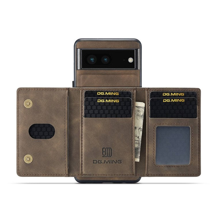 DG.MING M2 Series for Google Pixel 7 5G Magnetic Absorption Drop-proof Phone Case with Detachable Wallet/Kickstand - Coffee