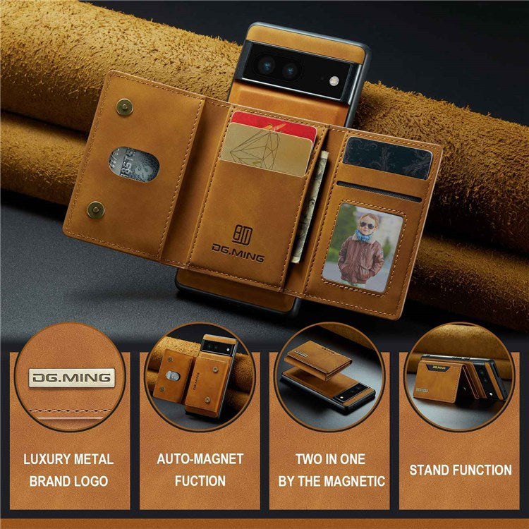 DG.MING M2 Series for Google Pixel 7 5G Magnetic Absorption Drop-proof Phone Case with Detachable Wallet/Kickstand - Brown