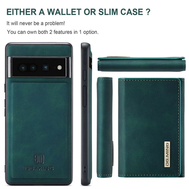 DG.MING M1 Series For Google Pixel 7 Pro 5G Magnetic Detachable Wallet PC+TPU+PU Phone Case with Kickstand - Green