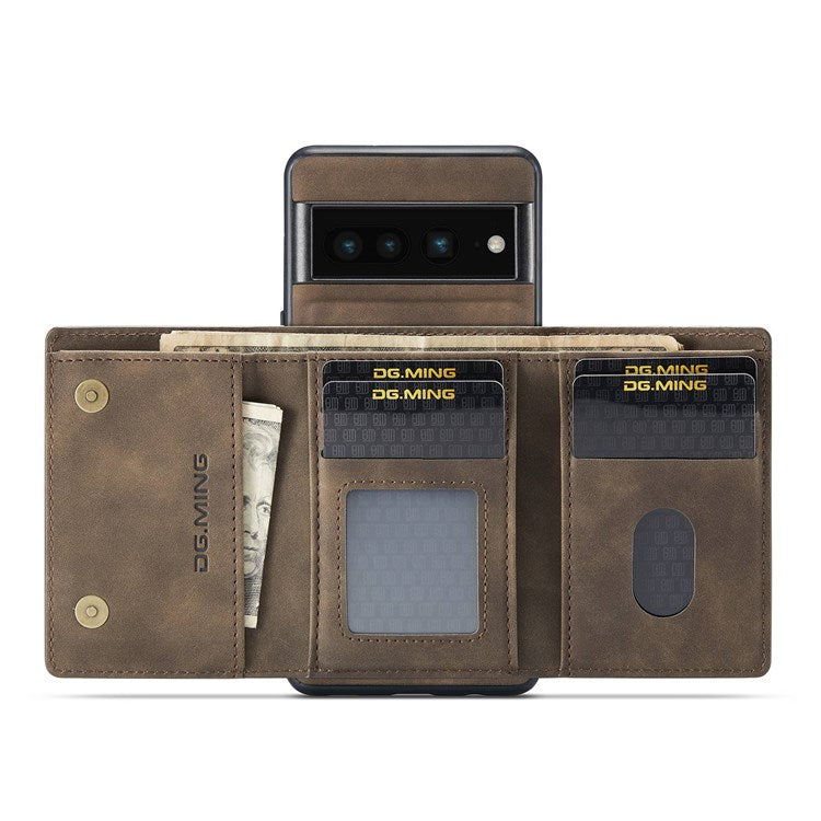 DG.MING M1 Series For Google Pixel 7 Pro 5G Magnetic Detachable Wallet PC+TPU+PU Phone Case with Kickstand - Coffee