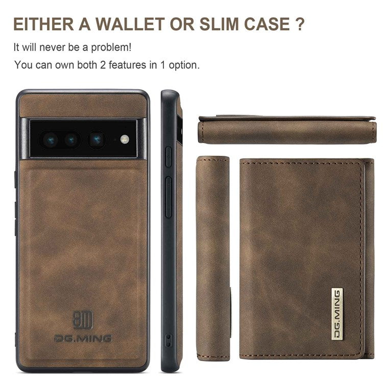 DG.MING M1 Series For Google Pixel 7 Pro 5G Magnetic Detachable Wallet PC+TPU+PU Phone Case with Kickstand - Coffee