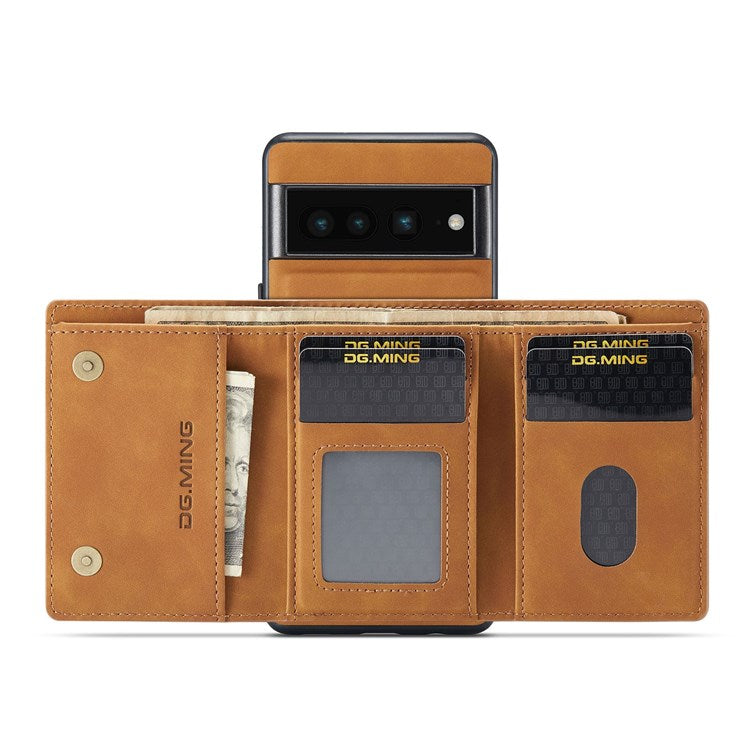 DG.MING M1 Series For Google Pixel 7 Pro 5G Magnetic Detachable Wallet PC+TPU+PU Phone Case with Kickstand - Brown