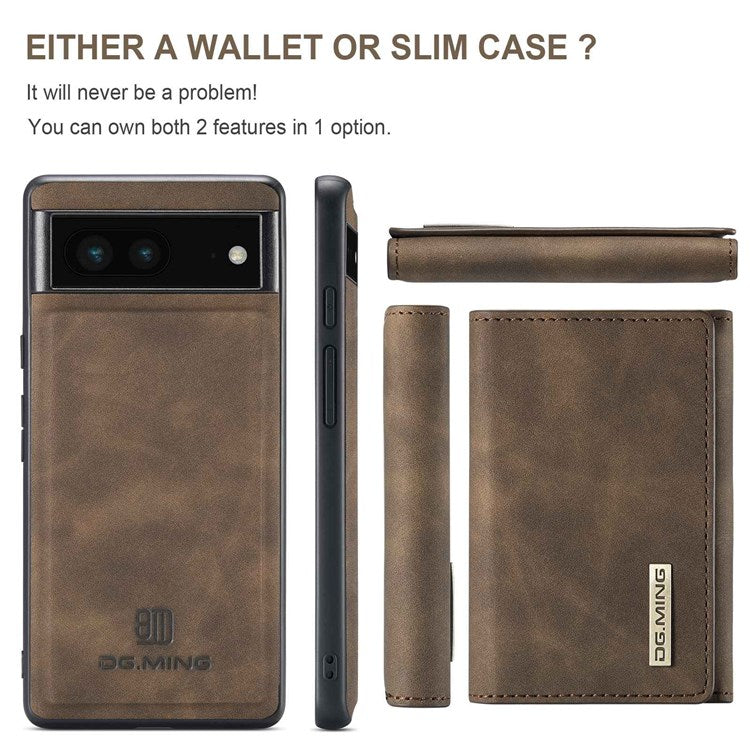 DG.MING M1 Series For Google Pixel 7 5G Magnetic 2-in-1 Wallet PC+TPU+PU Leather Phone Protective Case - Coffee