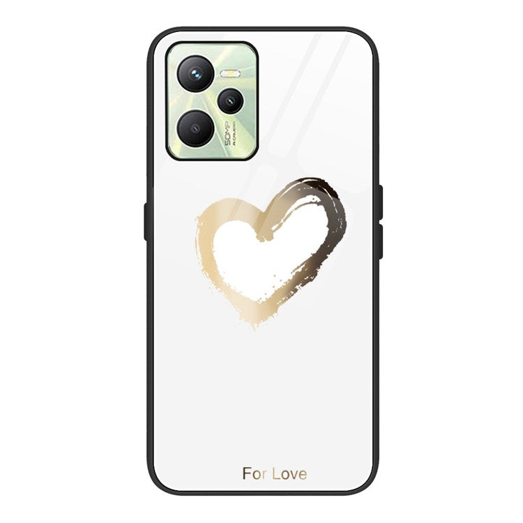 For Realme C35 Pattern Printing Tempered Glass+PC+TPU Phone Shell Mobile Phone Case Bag - For Love/White