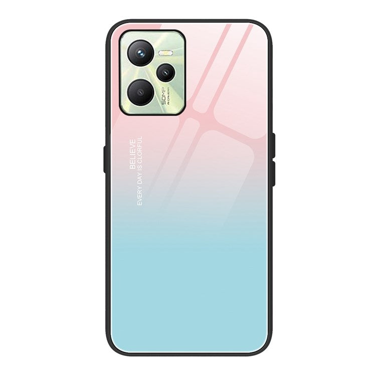 For Realme C35 Pattern Printing Tempered Glass+PC+TPU Phone Shell Mobile Phone Case Bag - Gradient Pink Blue