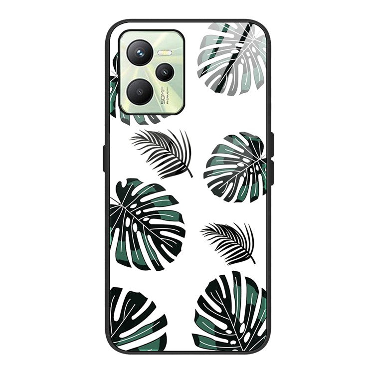 For Realme C35 Pattern Printing Tempered Glass+PC+TPU Phone Shell Mobile Phone Case Bag - Leaves