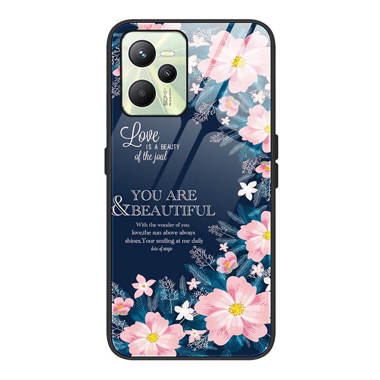 For Realme C35 Pattern Printing Tempered Glass+PC+TPU Phone Shell Mobile Phone Case Bag - Pink Flowers